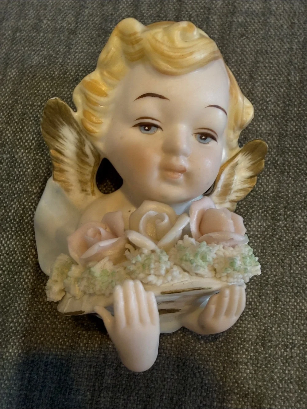 Vintage Porcelain Angel wall hanging  with Pink Roses and Gold Accents